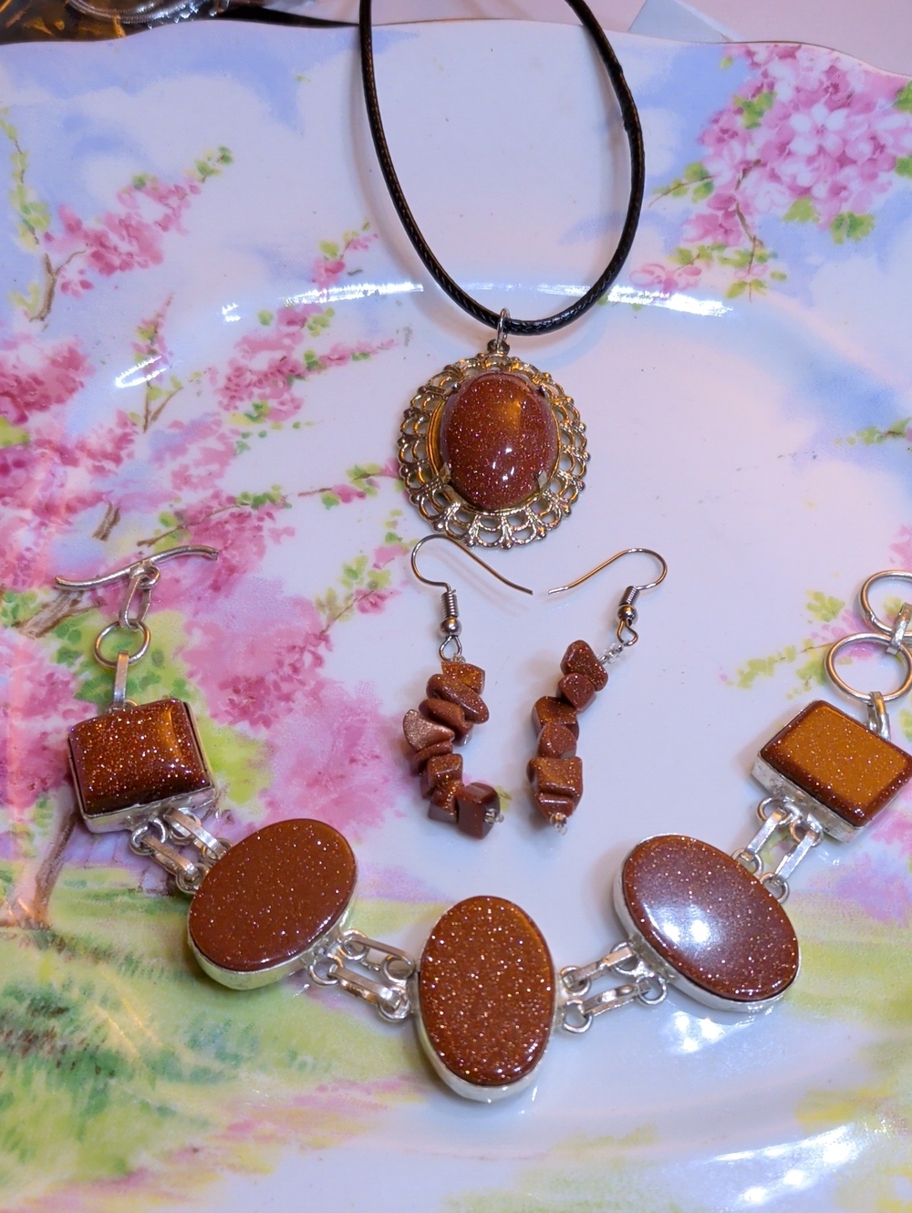 Goldstone Shimmering Jewelry Bundle: Bracelet, Pendant & Earrings In A Gift Box